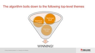 © Deluxe Enterprise Operations, LLC. Proprietary and Confidential.
The algorithm boils down to the following top-level themes
WINNING!
Earning
Trust
Premium
Content
Technical
Stuff
 