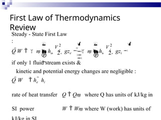First Law of Thermodynamics
Review
2 2
Steady - State First Law
:
V 2
V 2
if only 1 fluid stream exists &
kinetic and potential energy changes are negligible :
Q W  he  hi
rate of heat transfer Q  Qm where Q has units of kJ/kg in
SI power W  Wm where W (work) has units of


 



  


Q W   m  he  e
 gze
   m  hi  i
 gzi

 