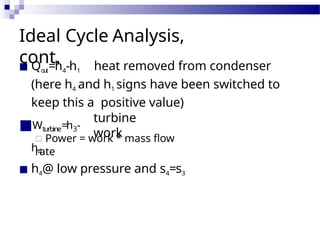 Ideal Cycle Analysis,
cont.
■ Qout=h4-h1 heat removed from condenser
(here h4 and h1 signs have been switched to
keep this a positive value)
■Wturbine=h3-
h4
turbine
work
□ Power = work * mass flow
rate
■ h4@ low pressure and s4=s3
 