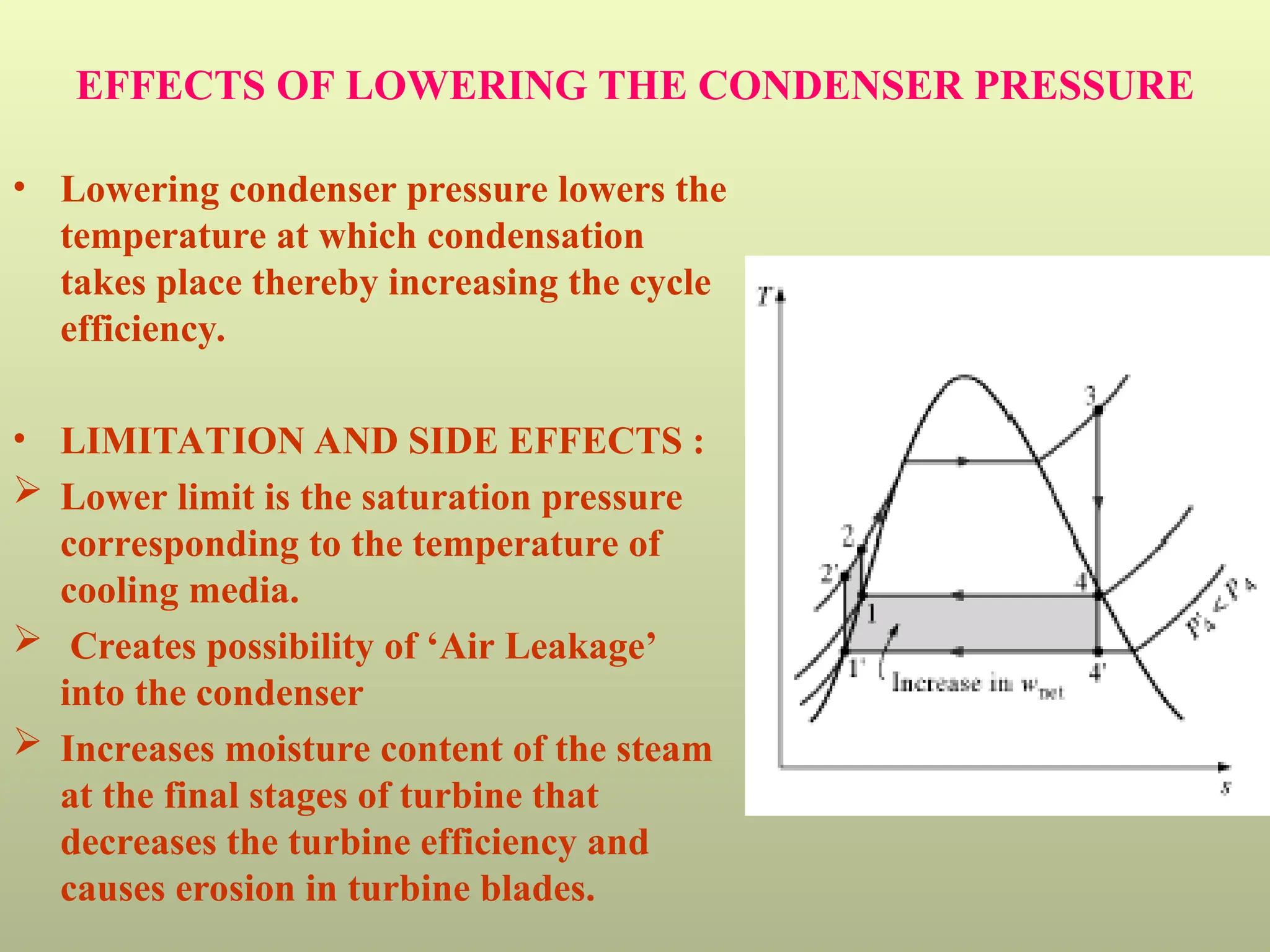 EFFECTS OF LOWERING THE CONDENSER PRESSURE
• Lowering condenser pressure lowers the
temperature at which condensation
takes place thereby increasing the cycle
efficiency.
• LIMITATION AND SIDE EFFECTS :
 Lower limit is the saturation pressure
corresponding to the temperature of
cooling media.
 Creates possibility of ‘Air Leakage’
into the condenser
 Increases moisture content of the steam
at the final stages of turbine that
decreases the turbine efficiency and
causes erosion in turbine blades.
 
