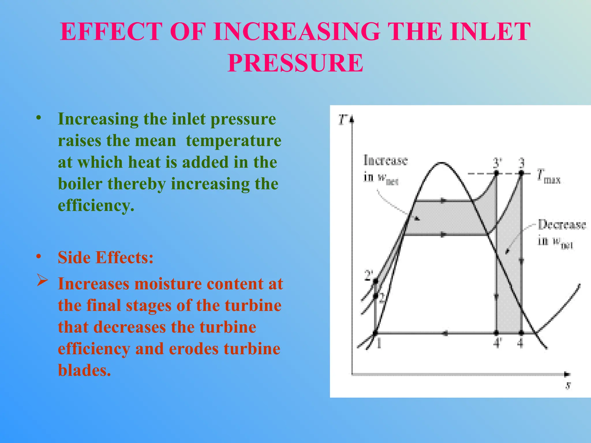 EFFECT OF INCREASING THE INLET
PRESSURE
• Increasing the inlet pressure
raises the mean temperature
at which heat is added in the
boiler thereby increasing the
efficiency.
• Side Effects:
 Increases moisture content at
the final stages of the turbine
that decreases the turbine
efficiency and erodes turbine
blades.
 