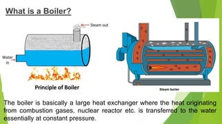 What is a Boiler?
The boiler is basically a large heat exchanger where the heat originating
from combustion gases, nuclear reactor etc. is transferred to the water
essentially at constant pressure.
 