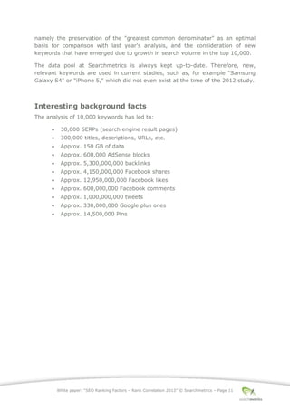 White paper: “SEO Ranking Factors – Rank Correlation 2013” © Searchmetrics – Page 11
namely the preservation of the "greatest common denominator" as an optimal
basis for comparison with last year's analysis, and the consideration of new
keywords that have emerged due to growth in search volume in the top 10,000.
The data pool at Searchmetrics is always kept up-to-date. Therefore, new,
relevant keywords are used in current studies, such as, for example "Samsung
Galaxy S4" or "iPhone 5," which did not even exist at the time of the 2012 study.
Interesting background facts
The analysis of 10,000 keywords has led to:
 30,000 SERPs (search engine result pages)
 300,000 titles, descriptions, URLs, etc.
 Approx. 150 GB of data
 Approx. 600,000 AdSense blocks
 Approx. 5,300,000,000 backlinks
 Approx. 4,150,000,000 Facebook shares
 Approx. 12,950,000,000 Facebook likes
 Approx. 600,000,000 Facebook comments
 Approx. 1,000,000,000 tweets
 Approx. 330,000,000 Google plus ones
 Approx. 14,500,000 Pins
 