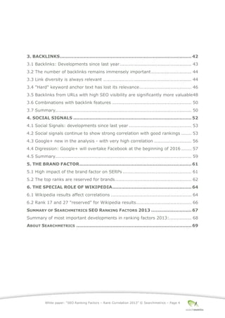 White paper: “SEO Ranking Factors – Rank Correlation 2013” © Searchmetrics – Page 4
3. BACKLINKS........................................................................................42
3.1 Backlinks: Developments since last year................................................ 43
3.2 The number of backlinks remains immensely important........................... 44
3.3 Link diversity is always relevant ........................................................... 44
3.4 "Hard" keyword anchor text has lost its relevance................................... 46
3.5 Backlinks from URLs with high SEO visibility are significantly more valuable48
3.6 Combinations with backlink features ..................................................... 50
3.7 Summary........................................................................................... 50
4. SOCIAL SIGNALS ...............................................................................52
4.1 Social Signals: developments since last year .......................................... 53
4.2 Social signals continue to show strong correlation with good rankings ....... 53
4.3 Google+ new in the analysis - with very high correlation ......................... 56
4.4 Digression: Google+ will overtake Facebook at the beginning of 2016 ....... 57
4.5 Summary........................................................................................... 59
5. THE BRAND FACTOR...........................................................................61
5.1 High impact of the brand factor on SERPs .............................................. 61
5.2 The top ranks are reserved for brands................................................... 62
6. THE SPECIAL ROLE OF WIKIPEDIA.....................................................64
6.1 Wikipedia results affect correlations ...................................................... 64
6.2 Rank 17 and 27 "reserved" for Wikipedia results..................................... 66
SUMMARY OF SEARCHMETRICS SEO RANKING FACTORS 2013 ...........................67
Summary of most important developments in ranking factors 2013:............... 68
ABOUT SEARCHMETRICS .............................................................................69
 