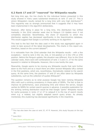 White paper: “SEO Ranking Factors – Rank Correlation 2013” © Searchmetrics – Page 66
6.2 Rank 17 and 27 "reserved" for Wikipedia results
Not long time ago, the line charts for the individual factors presented in this
study showed in many cases substantial breakouts at rank 17 and 27. This is
where Wikipedia's results ranked for a long time with very high distribution19
.
This regularity was so strongly pronounced that it suggests that it may have
been implemented in the algorithm deliberately.
However, after being in place for a long time, this distribution has shifted
markedly in the 22nd calendar week due to Penguin 2.0 Update even if not
completely dissolved. Nevertheless, the share of keywords to which this
distribution applies has decreased significantly in the Searchmetrics database.
This would suggest that Google is currently working on its algorithm.
This lead to the fact that the data used in this study was aggregated again in
order to take account of the latest developments. The charts in this report are,
therefore, based on the current dataset20
.
It is noticeable from the 22nd calendar that the Wikipedia results - with a few
exceptions ‒ tend to rank in the 1st, 2nd, or 3rd position or in the 17th or 27th
position. Before the Penguin update, the situation was different. Prior to the 22nd
calendar week, there were still combinations of rank 1-3 and 17, 27 for the same
keyword in relation to Wikipedia. However, this is now hardly the case.
Meanwhile, Google seems to be moving any Wikipedia results that rank further
down to the front and as a result there are often several Wikipedia URLs ranked
in the first positions, which are, nevertheless, thematically related to the search
query. At the same time, the positions 17 and 27 are often taken by Wikipedia
subsidiaries, such as the collection of quotes Wikiquote21
.
The question remains as to what purpose Google has been ranking Wikipedia
URLs with such a striking consistency in these parts of SERPs. The fact is that to
improve its performance, save processing time and relieve the server, Google
caches its SERPs for certain search queries in advance. A possible explanation for
the striking ranking distribution would be that Google "parks" Wikipedia results
for cache purposes in ranks 17 or 27 to catapult it to the top of search results
when e.g. a related, but slightly adapted search query arises. As already
mentioned, this clustering has decreased significantly in the meantime.
19
This has also been the case at rank 37, 47 ff. However, this study focuses on the top
30.
20
June 2013
21
http://www.wikiquote.org/
 