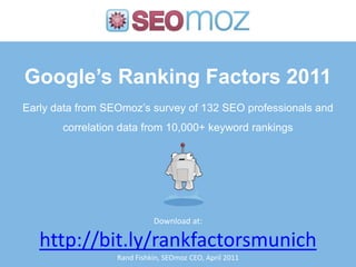 Google’s Ranking Factors 2011 Early data from SEOmoz’s survey of 132 SEO professionals and correlation data from 10,000+ keyword rankings Download at: http://bit.ly/rankfactorsmunich Rand Fishkin, SEOmoz CEO, April 2011 