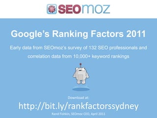 Google’s Ranking Factors 2011 Early data from SEOmoz’s survey of 132 SEO professionals and correlation data from 10,000+ keyword rankings Download at: http://bit.ly/rankfactorssydney Rand Fishkin, SEOmoz CEO, April 2011 