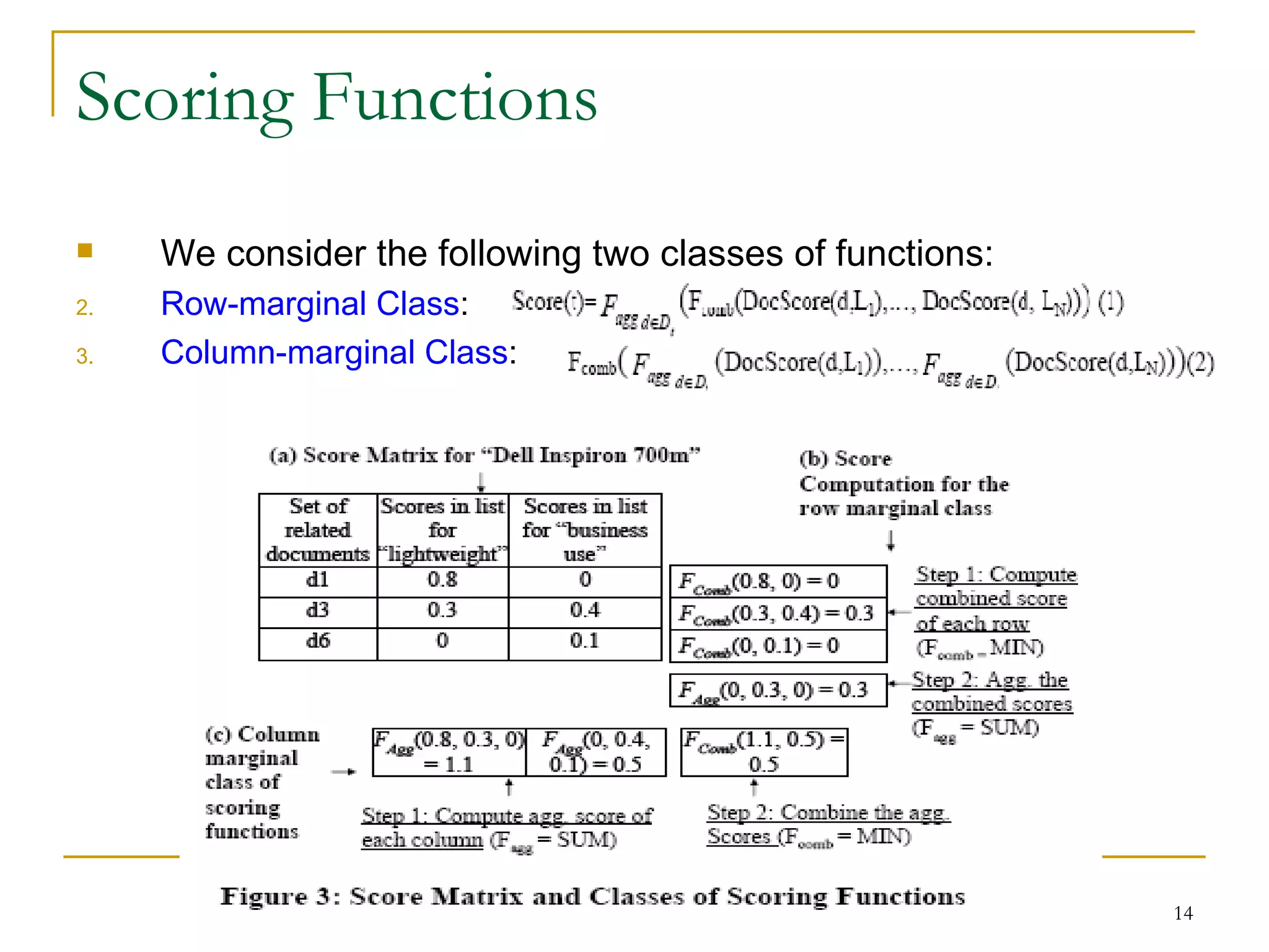 Scoring Functions We consider the following two classes of functions: Row-marginal Class :  Column-marginal Class : 
