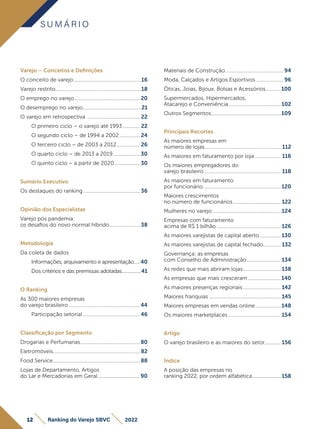S U M Á R I O
Varejo – Conceitos e Definições
O conceito de varejo..................................................16
Varejo restrito...............................................................18
O emprego no varejo................................................ 20
O desemprego no varejo...........................................21
O varejo em retrospectiva ....................................... 22
O primeiro ciclo – o varejo até 1993............. 22
O segundo ciclo – de 1994 a 2002 ............... 24
O terceiro ciclo – de 2003 a 2012................. 26
O quarto ciclo – de 2013 a 2019.................... 30
O quinto ciclo – a partir de 2020................... 30
Sumário Executivo
Os destaques do ranking.......................................... 36
Opinião dos Especialistas
Varejo pós pandemia:
os desaﬁos do novo normal híbrido ...................... 38
Metodologia
Da coleta de dados
Informações, arquivamento e apresentação.....40
Dos critérios e das premissas adotadas................41
O Ranking
As 300 maiores empresas
do varejo brasileiro ....................................................44
Participação setorial ..........................................46
Classificação por Segmento
Drogarias e Perfumarias............................................80
Eletromóveis................................................................ 82
Food Service................................................................88
Lojas de Departamento, Artigos
do Lar e Mercadorias em Geral...............................90
Materiais de Construção...........................................94
Moda, Calçados e Artigos Esportivos .................... 96
Óticas, Joias, Bijoux, Bolsas e Acessórios...........100
Supermercados, Hipermercados,
Atacarejo e Conveniência ......................................102
Outros Segmentos...................................................109
Principais Recortes
As maiores empresas em
número de lojas.........................................................112
As maiores em faturamento por loja ................... 116
Os maiores empregadores do
varejo brasileiro ........................................................ 118
As maiores em faturamento
por funcionário.........................................................120
Maiores crescimentos
no número de funcionários................................... 122
Mulheres no varejo .................................................. 124
Empresas com faturamento
acima de R$ 1 bilhão ............................................... 126
As maiores varejistas de capital aberto................130
As maiores varejistas de capital fechado............. 132
Governança: as empresas
com Conselho de Administração......................... 134
As redes que mais abriram lojas............................ 138
As empresas que mais cresceram ........................140
As maiores presenças regionais............................ 142
Maiores franquias..................................................... 145
Maiores empresas em vendas online...................148
Os maiores marketplaces....................................... 154
Artigo
O varejo brasileiro e as maiores do setor............ 156
Índice
A posição das empresas no
ranking 2022, por ordem alfabética..................... 158
12 Ranking do Varejo SBVC 2022
 
