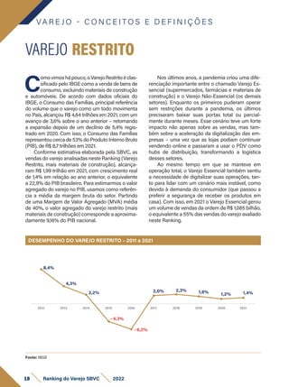 VAREJO RESTRITO
DESEMPENHO DO VAREJO RESTRITO – 2011 a 2021
Fonte: IBGE
C
omo vimos há pouco, o Varejo Restrito é clas-
sificado pelo IBGE como a venda de bens de
consumo, excluindo materiais de construção
e automóveis. De acordo com dados oficiais do
IBGE, o Consumo das Famílias, principal referência
do volume que o varejo como um todo movimenta
no País, alcançou R$ 4,64 trilhões em 2021, com um
avanço de 3,6% sobre o ano anterior – retomando
a expansão depois de um declínio de 5,4% regis-
trado em 2020. Com isso, o Consumo das Famílias
representou cerca de 53% do Produto Interno Bruto
(PIB), de R$ 8,7 trilhões em 2021.
Conforme estimativa elaborada pela SBVC, as
vendas do varejo analisadas neste Ranking (Varejo
Restrito, mais materiais de construção), alcança-
ram R$ 1,99 trilhão em 2021, com crescimento real
de 1,4% em relação ao ano anterior, o equivalente
a 22,9% do PIB brasileiro. Para estimarmos o valor
agregado do varejo no PIB, usamos como referên-
cia a média da margem bruta do setor. Partindo
de uma Margem de Valor Agregado (MVA) média
de 40%, o valor agregado do varejo restrito (mais
materiais de construção) corresponde a aproxima-
damente 9,16% do PIB nacional.
Nos últimos anos, a pandemia criou uma dife-
renciação importante entre o chamado Varejo Es-
sencial (supermercados, farmácias e materiais de
construção) e o Varejo Não-Essencial (os demais
setores). Enquanto os primeiros puderam operar
sem restrições durante a pandemia, os últimos
precisaram baixar suas portas total ou parcial-
mente durante meses. Esse cenário teve um forte
impacto não apenas sobre as vendas, mas tam-
bém sobre a aceleração da digitalização das em-
presas – uma vez que as lojas podiam continuar
vendendo online e passaram a usar o PDV como
hubs de distribuição, transformando a logística
desses setores.
Ao mesmo tempo em que se manteve em
operação total, o Varejo Essencial também sentiu
a necessidade de digitalizar suas operações, tan-
to para lidar com um cenário mais instável, como
devido à demanda do consumidor (que passou a
preferir a segurança de receber os produtos em
casa). Com isso, em 2021 o Varejo Essencial gerou
um volume de vendas da ordem de R$ 1,085 bilhão,
o equivalente a 55% das vendas do varejo avaliado
neste Ranking.
8,4%
4,3%
2,2%
- 4,3%
-6,2%
2,0% 2,3% 1,8% 1,2% 1,4%
2021
2012 2013 2014 2015 2016 2017 2018 2019 2020
VA R E J O - C O N C E I T O S E D E F I N I Ç Õ E S
18 Ranking do Varejo SBVC 2022
 