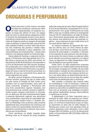 C L A S S I F I C A Ç Ã O P O R S E G M E N T O
80 Ranking do Varejo SBVC 2022
O
Brasil está entre os três maiores mercados
mundiais de cosméticos e perfumaria. Além
de redes especializadas, as drogarias ocu-
param, ao longo dos últimos 15 anos, um espaço
cada vez maior na venda dessas categorias no País.
O aumento da participação de itens como dermo-
cosméticos e perfumaria nas vendas das principais
redes de drogarias amplia as margens de operação
e gera mudanças no layout das lojas, que se tornam
mais voltadas à beleza e ao bem-estar. Nos forma-
tos mais modernos das grandes e médias redes,
mais espaço é dedicado a essas categorias, com
menos destaque aos medicamentos – muitas vezes
restritos a um pequeno balcão no fundo das lojas.
Nesta edição do Ranking, o segmento de Dro-
garias e Perfumarias está representado por 23 re-
des (duas a menos que em 2021), que somam um
faturamento de R$ 110,413 bilhões e correspondem a
12,37% do faturamento das 300 maiores varejistas.
Na comparação com a edição anterior do Ranking,
as Drogarias e Perfumarias diminuíram sua partici-
pação em pouco mais de 0,5 ponto percentual, um
indicativo de que seu crescimento ficou abaixo de
outros segmentos do varejo.
No geral, poucas Drogarias e Perfumarias têm
alcance nacional: apenas oito das 23 redes estão
em pelo menos 10 Estados do País. Assim como
acontece com os supermercados, outro setor de
venda recorrente, Drogarias e Perfumarias têm
uma forte característica regional. Varejistas com
forte presença local, controle nacional e capital fe-
chado ocupam espaços importantes no mercado.
Em um dado que não está necessariamente ligado
à presença tipicamente regional, mas demonstra
uma característica importante de maturidade digi-
tal, 22 empresas vendem online e 7 também ven-
dem via WhatsApp. Para as demais, estar presente
digitalmente para consumidores da vizinhança não
parece ainda uma oportunidade relevante de com-
plementar a presença física e oferecer mais conve-
niência aos consumidores.
Como aconteceu na edição passada deste
Ranking, entre as 10 maiores do varejo brasileiro
DROGARIAS E PERFUMARIAS
estão três empresas do setor (Raia Drogasil, Natura
& Co e Grupo Boticário), nas posições 8, 9 e 10, res-
pectivamente. Com quase 15.200 pontos de venda
(600 a mais que na edição anterior) e empregando
mais de 178 mil colaboradores, as redes de Droga-
rias e Perfumarias apresentadas aqui refletem um
dos setores mais dinâmicos em sua expansão or-
gânica – duas empresas do setor estão entre as 10
que mais abriram lojas em 2021.
As maiores empresas do segmento têm man-
tido nos últimos anos um ritmo intenso de aber-
tura de lojas, como forma de reforçar seu posicio-
namento de proximidade e consolidar o mercado:
cinco empresas do setor possuem mais de mil pon-
tos de venda. Ao mesmo tempo, as redes de médio
porte reforçam sua presença regional e, em alguns
casos, se organizam em redes cooperativas e Cen-
trais de Negócios para ganhar escala.
Ainda assim, no setor predominam empresas
que atuam em um modelo tradicional de farmácias.
As principais inovações em modelos de loja estão
relacionadas à redução da área dedicada aos me-
dicamentos, ao aumento dos espaços de bem-es-
tar e, nas redes líderes, ao desenvolvimento de es-
tratégias omnichannel, em que as lojas são usadas
como hubs de distribuição para a vizinhança.
Vale ressaltar a presença das maiores redes
em marketplaces: 11 das 23 empresas, o dobro do
número da edição passada, possuem marketplaces
próprios ou são sellers em plataformas de terceiros.
Essa vem se provando uma estratégia vencedora
para ganhar capilaridade, alcançar novos públicos
e impulsionar as vendas.
A digitalização é um fator importante para a
evolução do setor. Além da presença em market­
places ou do desenvolvimento de plataformas pró-
prias, o e-commerce tradicional já ocupa um espa-
ço importante no setor. Das 22 redes listadas no
Ranking que contam com uma operação online, já
existem operações muito relevantes, como a Raia
Drogasil (R$ 2,114 bilhões, ou 8,7% do faturamento
total) e o Grupo Boticário (R$ 1,791 bilhão, 9,89% do
faturamento).
 