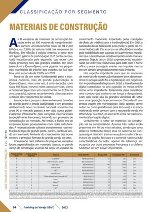 Posição Ranking
Geral
Posição Ranking
Segmento
Empresa Venda 2021 (1P) No Lojas 2021 Funcionários 2021 e-Commerce
19 1 Leroy Merlin ⁴ R$8.100.000.000,00 42 N.D. Sim
74 2 (Telhanorte) Saint - Gobain ¹ R$2.300.000.000,00 78 3.882 Sim
83 3 Quero Quero ¹ R$1.947.747.000,00 465 8.040 Sim
86 4 Sodimac Brasil ¹ R$1.900.000.000,00 52 3.400 Sim
89 5 C&C ¹ R$1.800.000.000,00 36 2.150 Sim
120 6 Portobello Shop ¹ R$1.355.183.766,00 138 641 Não
158 7 Todimo Materiais para Construção S/A ⁵ R$981.745.815,79 27 1.323 Sim
167 8 Cassol ⁵ R$909.023.903,51 25 2.400 Sim
182 9 Balaroti ⁵ R$806.975.830,49 29 2.465 Sim
192 10 Redemac ⁴ R$750.000.000,00 108 N.D. Sim
248 11 Joli ¹ R$510.883.000,00 19 1.086 Não
C L A S S I F I C A Ç Ã O P O R S E G M E N T O
94 Ranking do Varejo SBVC 2022
A
s 11 varejistas de materiais de construção lis-
tadas entre as 300 maiores do varejo brasilei-
ro somam um faturamento bruto de R$ 21,361
bilhões, ou 2,39% do volume total das empresas do
Ranking. Em relação à edição anterior, o setor teve
um ligeiro ganho de participação (0,17 ponto percen-
tual), impulsionado pela expansão das redes com
maior presença fora das grandes cidades. Um bom
exemplo é a Quero-Quero, uma gigante nos peque-
nos municípios do interior dos estados do Sul, que
teve uma expansão de 23,8% em 2021.
Trata-se de um setor fundamental para a eco-
nomia nacional, mas de grande pulverização. A
Quero-Quero, mais uma vez, é uma exceção, com
suas 465 lojas: mesmo redes associativistas, como
a Redemac (que teve um crescimento de 87,5% no
ano passado), apenas recentemente ultrapassaram
a marca dos 100 pontos de venda.
Isso acontece porque o desenvolvimento de redes
de grande porte e ampla capilaridade é um processo
relativamente novo no cenário nacional: somente nos
anos 90 o mercado passou a ser visto como poten-
cialmente interessante para varejistas internacionais
(especialmente franceses), iniciando um processo de
consolidação do mercado. Até então, a tônica era de
empresas locais, pouquíssimas com redes estrutura-
das. A necessidade de vultosos investimentos na cons-
trução de lojas de grande porte, porém, continua sen-
do um elemento limitante do crescimento dos home
centers, o principal formato de grande varejo do setor.
Convivendo com milhares de pequenos varejistas
locais, especializados em materiais básicos, o grande
varejo de construção vivencia há anos um cenário de
MATERIAIS DE CONSTRUÇÃO
crescimento moderado, impactado pelas condições
de oferta de crédito (juros e inadimplência). Em 2021, a
subida das taxas básicas de juros (Selic) a partir do mí-
nimo histórico de 2% ao ano e as dificuldades trazidas
pela instabilidade nas cadeias de suprimentos impedi-
ramqueosetortivesseumdesempenhoaindamaisex-
pressivo. Depois de um 2020 surpreendente, impulsio-
nado por reformas residenciais para lidar com o home
office, o setor conseguiu manter seu impulso mesmo
em um cenário progressivamente mais limitante.
Um aspecto importante para que as empresas
de materiais de construção tivessem bons desempe-
nhos no ano passado foi a digitalização dos negócios.
Um imperativo estratégico em 2020, a transformação
digital consolidou no ano passado os meios online
como uma importante ferramenta para simplificar
uma compra que costuma ser longa e desgastante.
Com isso, raras são as grandes varejistas do setor
sem uma operação de e-commerce. Cinco das 11 em-
presas atuam em marketplaces (seja apenas como
sellers ou como plataformas para terceiros) e as cinco
maiores do setor contam com o recurso de venda via
WhatsApp, que traz um elemento extra de relaciona-
mento à transação digital.
Lentamente, o setor de materiais de constru-
ção vai se consolidando. Apenas três redes estão
presentes em 10 ou mais estados, sendo que uma
delas (a Portobello Shop) atua no sistema de fran-
quias (que também é uma exceção no setor). A es-
trutura de capital fechado e o controle nacional são
características do setor, apesar da liderança ser
ocupada por duas empresas francesas e a chilena
Sodimac ser um player importante.
MATERIAIS
DE
CONSTRUÇÃO
>>>
01
-
11
1)Dadosdeclaratóriosfornecidospelasempresas,formalmenterecebidosearquivadospelaSBVC;OBS:e-mailsqueasempresasnosenviaram.2)Dadospublicadosporentidadessetoriaisrepresentativas;OBS:RankingABRAS,RankingAS.3)Balançoscontábeispublicadospelasempresas;OBS:Quandopublicadoapenasa
ReceitaLíquida,adotamoso%decrescimentorelativoaReceitaBrutadoanoanterior,utilizando-ocomoreferênciaparaobteranobase.4)Publicaçõesemveículosdenotóriareputação;OBS:Reportagens.5)EstimativasfeitaspelaequipetécnicadaSBVC,empregandocomocritériosavendamédiaporlojaderedesdesegmento
eperfilsimilaresouofaturamentoporlojadivulgadopelasempresasempublicaçõessetoriais,multiplicadospelonúmerodelojasdarede;Parae-Commerceéconsideradoocrescimentocomparadoaoanoanterior. Câmbioeuro(Média2021)R$6,379;Câmbiodólar(Média2021)R$5,397.Paraempresasvarejistasdigitaisforam
atualizadaspelocrescimentodoe-CommerceEbit/Nielsen21x20de27%.Vendas(1P):Representamtodoovalortransacionadopelaempresadiretaouindiretamente,envolvendovendaslojasfísicaspróprias+selloutdelojasfranqueadas+selloutdevendadireta+e-Commerce1P.MarketplaceIn:operaçãoemplataformade
marketplaceproprietária.MarketplaceOut:operaçãoemplataformademarketplacedeterceiros(incluindosuperappseappsdeentregaex:Rappi,Ifood,UberEats).GMVDigital:Representamovalorglobaltransacionadonosdiversoscanaisdigitais,envolvendoasvendasdaempresaedossellersdomarketplace(e-Commerce
1p+vendadesellersnomarketplaceIn3p).Cálculodereceitalíquidaparabruta:usamosovalordareceitabrutaeomesmocoeficientedeanosanterioresparachegarnovalorreferentea2021.VendaLojaFísica(sellout):Representamavendadelojasfísicaspróprias,selloutdelojasfranqueadaseselloutdevendadireta.Para
supermercadosfoiconsideradaaVendareportada.ParaempresasquereportaramoGMVDigital,foidescontadodaVendaTotal.FaturamentoporlojaconsideraaVendadeLojaFísica(sellout).
 