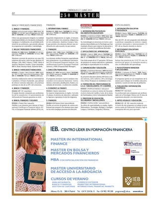 / MIÉRCOLES 17 / JUNIO 2015
22
2 5 0 M Á S T E R
BANCA Y MERCADOS FINANCIEROS
1. BANCA Y FINANZAS
ESCUELA: Centro de Estudios Garrigues / SEDE: Madrid / TE-
LÉFONO: 915 159 560 / www.centrogarrigues.com / PLA-
ZAS: 40 / DURACIÓN: 1.191 horas / PRECIO: 24.000 euros
Ofrece una aproximación integral a la realidad
empresarial debido a la vinculación al despacho
Garrigues y la dedicación a la actividad profe-
sional de sus profesores, que permite adecuar
los programas en contenidos y metodología.
2. BOLSA Y MERCADOS FINANCIEROS
ESCUELA: IEB / SEDE: Madrid / TELÉFONO: 915 240 615 /
www.ieb.es / PLAZAS: 40 / DURACIÓN: 550 horas / PRE-
CIO: 21.000 euros
Mantiene convenio de prácticas con unas 250
empresas del sector, entre las que destacan JP
Morgan, UBS, M&G Valores, CNMV, Bank of
America, Bestinver Gestión, Grupo Santander,
BBVA, Banif, Barclays Bank, Deutsche Bank...
3. BANCA Y MERCADOS FINANCIEROS
ESCUELA: U. Cantabria - Banco Santander / SEDE: Santan-
der / 942 271 548 / www.unican.es/masterbanca / PLA-
ZAS: 36 / DURACIÓN: 700 horas / PRECIO: 10.800 euros
Estrecha colaboración entre la Universidad de
Cantabria y el banco Santander, que además
de ofrecer contratos laborales y de prácticas
participa en más de un 20% de la docencia.
4. BANCA Y FINANZAS
ESCUELA: UIMP - AFI / www.uimp.es
El equipo docente compuesto por profesiona-
les de la consultoría y el asesoramiento de
Afi/Escuela de Finanzas garantiza su nivel.
4. BANCA, FINANZAS Y SEGUROS
ESCUELA: U. Pompeu Fabra / www.upf.es
Habilita a sus alumnos para obtener el Inter-
national Certificate in Financial Advice (IC-
FA), el European Financial Advisor (EFA), etc.
FINANZAS
1. INTERNATIONAL FINANCE
ESCUELA: IEB / SEDE: Madrid / TELÉFONO: 915 240 615 /
www.ieb.es / PLAZAS: 30 / DURACIÓN: 800 horas / PRE-
CIO: 29.000 euros
Impartido íntegramente en inglés, el temario
del máster incluye tres estancias obligatorias
en tres continentes –América, Europa y Asia–
lo que permite a los alumnos obtener una cer-
tificación de cada escuela a la que asisten.
2. FINANZAS
ESCUELA: CUNEF / SEDE: Madrid / TELÉFONO: 914 480
892 / www.cunef.edu / PLAZAS: 100 / DURACIÓN: 1.500
horas / PRECIO: 18.000 euros
Los alumnos reciben formación especializada
para presentarse a la acreditación internacio-
nal CFA (Chartered Financial Analyst) y las
certificaciones EuroFA (European Financial
Advisor) y FRM (Financial Risk Manager).
3. DIRECCIÓN FINANCIERA
ESCUELA: EAE / SEDE: Barcelona y Madrid / TELÉFONO:
932 278 090 / www.eae.es / PLAZAS: 30 / DURACIÓN: 60
ECTS / PRECIO: 11.200 euros
El programa incorpora nuevos módulos rela-
cionados con la asesoría financiera –instru-
mentos y mercados, planificación, fondos y so-
ciedades de inversión– y la dirección contable.
4. ECONOMICS & FINANCE
ESCUELA: U. Navarra / www.unav.es
Se imparte íntegramente en inglés. Con sólo
15 plazas, el proceso de selección y admisión
es riguroso y garantiza el nivel de exigencia.
5. FINANZAS
ESCUELA: ICADE Business School / www.comillas.edu
Facilita un servicio de gestión de carrera pro-
fesional que prepara a los alumnos para supe-
rar los más complejos procesos de selección.
EDUCACIÓN
ENSEÑANZA
1. INTERVENCIÓN PSICOLÓGICA
EN CONTEXTOS EDUCATIVOS
ESCUELA: U. Complutense de Madrid / SEDE: Madrid / TLF.:
913 942 936 / www.ucm.es/info/psicoevo/MASTER / PLA-
ZAS: 30 / DURACIÓN: 600 horas / PRECIO: 3.360 euros
Su metodología se estructura en torno a pro-
gramas desarrollados por la Psicología que han
resultado eficaces para mejorar la educación y
prevenir o resolver los problemas derivados.
2. DIFICULTADES DEL APRENDIZAJE
ESCUELA: U. Valencia / SEDE: Valencia / TELÉFONO: 963
262 600 / www.postgrado.adeit-uv.es/15511030 / PLA-
ZAS: 20 - 30 / DURACIÓN: 60 ECTS / PRECIO: 2.800 euros
Este título propio de la UV garantiza 150 horas
de prácticas en centros educativos y gabinetes
psicológicos especializados en la materia.
3. COMUNICACIÓN Y EDUCACIÓN
ESCUELA: U. Autónoma de Barcelona / SEDE: Barcelona /
TLF.: 935 811 111 / www.uab.cat/masters-y-postgrados/
PLAZAS: 30 / DURACIÓN: 60 ECTS / PRECIO: 3.960 euros
Su proyecto educativo destina 300 horas a cla-
ses teóricas, 220 a talleres y 90 a investiga-
ción. Ofrece 50 plazas en modalidad on line.
4. FORMACIÓN DEL PROFESORADO DE
E.S.O. Y BACHILLERATO, F.P. E IDIOMAS
ESCUELA: U. Pontificia de Salamanca / www.upsa.es
El prácticum se cursa en centros de Secunda-
ria de la Junta de Castilla y León, de la Junta
de Extremadura y de la Comunidad de Madrid.
5. PROFESOR DE EDUCACIÓN
SECUNDARIA Y BACHILLERATO
ESCUELA: U. Pontificia Comillas / www.upcomillas.es
Su oferta de especialidades es amplia: Inglés,
Matemáticas, Tecnología, Biología y Geología,
Lengua y Literatura, Geografía e Historia...
ESPECIALIDADES
1. INTERVENCIÓN EDUCATIVA
Y PSICOLÓGICA
ESCUELA: U. Navarra / SEDE: Pamplona / TELÉFONO: 948
425 600 / www.unav.es / PLAZAS: 25 / DURACIÓN: 60 ECTS
/ PRECIO: 9.500 euros
Más del 25% de este posgrado está dedicado
a prácticas y pasantías en centros y organi-
zaciones nacionales e internacionales. El
95% de su claustro docente es doctor.
2. NECESIDADES EDUCATIVAS
ESPECIALES
ESCUELA: U. Deusto / SEDE: Bilbao / TELÉFONO: 944 139
303 / www.nees.deusto.es / PLAZAS: 30 / DURACIÓN: 60
ECTS / PRECIO: 5.450 euros
Incluye dos prácticum de 15 ECTS: uno, en
servicios de apoyo a la inclusión escolar y
otro, en dificultades del aprendizaje.
3. MUSICOTERAPIA AVANZADA
Y APLICACIONES
ESCUELA: U. Autónoma de Madrid / SEDE: Madrid /
www.mastermusicoterapiauam.com / PLAZAS: 30 / DURA-
CIÓN: 60 ECTS / PRECIO: 5.800 euros
El programa aporta un uso terapéutico de la
música para trabajar en el ámbito educativo,
sanitario y social con todo tipo de población.
4. EVALUACIÓN E INTERVENCIÓN
LOGOPÉDICA
ESCUELA: ISEP / www.isep.es
Su profesorado está compuesto por profesio-
nales de la Psicología Clínica con 10 años de
experiencia docente y en intervención.
5. ARTES VISUALES Y EDUCACIÓN
ESCUELA: UGR - UB - UDG / www.artes-visuales.org
A través de este programa se trabaja en pro-
yectos reales de Educación Artística, bajo la
concepción del arte para aprender.
 