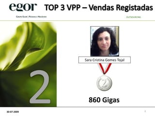 TOP 3 VPP – Vendas RegistadasOUTSOURCING2Sara Cristina Gomes Tojal860 Gigas330-07-2009