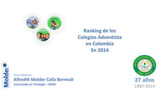 27 años 
1987-2014 
Desarrollado por: 
Alfredth Molder Calla Bernnall 
Licenciado en Teología - UNAC 
Ranking de los 
Colegios Adventista 
en Colombia 
En 2014 
 