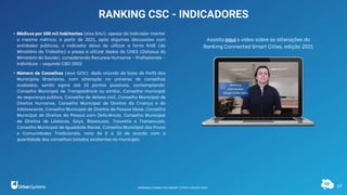 19
RANKING CSC - INDICADORES
• Médicos por 100 mil habitantes (eixo SAU): apesar do indicador manter
a mesma métrica, a partir de 2021, após algumas discussões com
entidades públicas, o indicador deixa de utilizar a fonte RAIS (do
Ministério do Trabalho) e passa a utilizar dados do CNES (Datasus do
Ministério da Saúde), considerando Recursos Humanos - Profissionais -
Indivíduos - segundo CBO 2002.
• Número de Conselhos (eixo GOV): dado oriundo da base de Perfil dos
Municípios Brasileiros, com alteração no universo de conselhos
avaliados, sendo agora até 10 pontos possíveis, contemplando:
Conselho Municipal de Transparência ou similar, Conselho municipal
de segurança pública, Conselho de defesa civil, Conselho Municipal de
Direitos Humanos, Conselho Municipal de Direitos da Criança e do
Adolescente, Conselho Municipal de Direitos da Pessoa Idosa, Conselho
Municipal de Direitos da Pessoa com Deficiência, Conselho Municipal
de Direitos de Lésbicas, Gays, Bissexuais, Travestis e Transexuais,
Conselho Municipal de Igualdade Racial, Conselho Municipal dos Povos
e Comunidades Tradicionais, nota de 0 a 10 de acordo com a
quantidade dos conselhos listados existentes no município.
Assista aqui o vídeo sobre as alterações do
Ranking Connected Smart Cities, edição 2021
RANKING CONNECTED SMART CITIES | EDIÇÃO 2021
 