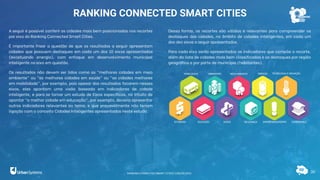 30
RANKING CONNECTED SMART CITIES
A seguir é possível conferir as cidades mais bem posicionadas nos recortes
por eixo do Ranking Connected Smart Cities.
É importante frisar a questão de que os resultados a seguir apresentam
cidades que possuem destaques em cada um dos 10 eixos apresentados
(excetuando energia), com enfoque em desenvolvimento municipal
inteligente no eixo em questão.
Os resultados não devem ser lidos como as “melhores cidades em meio
ambiente” ou “as melhores cidades em saúde” ou “as cidades melhores
em mobilidade”, por exemplo, pois apesar dos resultados focarem nesses
eixos, eles apontam uma visão baseada em indicadores de cidade
inteligente, e para se tornar um estudo de Eixos específicos, no intuito de
apontar “a melhor cidade em educação”, por exemplo, deveria apresentar
outros indicadores relevantes ao tema, e que provavelmente não teriam
ligação com o conceito Cidades Inteligentes apresentados neste estudo.
Dessa forma, os recortes são válidos e relevantes para compreender os
destaques das cidades, no âmbito de cidades inteligentes, em cada um
dos dez eixos a seguir apresentados.
Para cada eixo serão apresentados os indicadores que compõe o recorte,
além da lista de cidades mais bem classificadas e os destaques por região
geográfica e por porte de município (habitantes).
RANKING CONNECTED SMART CITIES | EDIÇÃO 2021
 