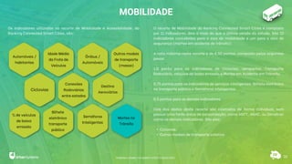 32
MOBILIDADE
Os indicadores utilizados no recorte de Mobilidade e Acessibilidade, do
Ranking Connected Smart Cities, são:
O recorte de Mobilidade do Ranking Connected Smart Cities é composto
por 11 indicadores, dois a mais do que a última versão do estudo. São 10
indicadores concebidos para o eixo de mobilidade e um para o eixo de
segurança (mortes em acidente de trânsito).
A nota máxima neste recorte é de 8,50 pontos, composto pelos seguintes
pesos:
1,0 ponto para os indicadores de Ciclovias, aeroportos, Transporte
Rodoviário, veículos de baixa emissão e Mortes em Acidente em Trânsito.
0,75 pontos para os indicadores de serviços inteligentes: Bilhete eletrônico
no transporte público e Semáforos inteligentes.
0,5 pontos para os demais indicadores.
Dois dos dados deste recorte são coletados de forma individual, sem
possuir uma fonte única de consolidação, como ANTT, ANAC, ou Denatran
como os demais indicadores. São eles:
• Ciclovias.
• Outros modais de transporte coletivo.
Automóveis /
habitantes
Idade Média
da Frota de
Veículos
Ônibus /
Automóveis
Outros modais
de transporte
(massa)
Ciclovias
Conexões
Rodoviárias
entre estados
Destino
Aeroviários
% de veículos
de baixa
emissão
Bilhete
eletrônico
transporte
público
Semáforos
Inteligentes
Mortes no
Trânsito
RANKING CONNECTED SMART CITIES | EDIÇÃO 2021
 