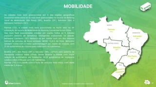 37
MOBILIDADE
As cidades mais bem posicionadas em 4 das regiões geográficas
brasileiras estão entre as 10 mais bem posicionadas no recorte do Ranking
Geral de Mobilidade: São Paulo (SP), Brasília (DF), Salvador (BA) e
Balneário Camboriú (SC).
Palmas (TO), a cidade mais bem posicionada no Norte está na 44ª
colocação do recorte de Mobilidade do Ranking Connected Smart Cities.
Das mais bem posicionadas cidades por região, todas as 5 cidades
possuem sistema de semáforos inteligentes implantado na cidade.
Balneário Camboriú (SC) destaca-se por contar com um dos maiores
índices de veículos de baixa emissão (MOB): 0,26% da frota. Balneário
também conta com a maior quilometragem per capita de ciclovia, com
27,44 quilômetros de ciclovia para cada cem mil habitantes.
Brasília (DF), São Paulo (SP) e Salvador (BA), contam com sistema de
transporte coletivo sobre trilhos. Sendo Brasília a cidade com maior
relação de quilômetros por habitante: 18,13 quilômetros de transporte
coletivo sobre trilho por cem mil habitantes.
Palmas (TO) é a cidade com a frota de veículos mais nova, com idade
média de 11,4 anos.
Palmas
(TO)
Salvador
(BA)
Brasília
(DF)
São Paulo
(SP)
RANKING CONNECTED SMART CITIES | EDIÇÃO 2021
 