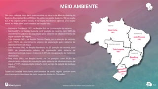 MEIO AMBIENTE
53
Das cem cidades mais bem posicionadas no recorte de Meio Ambiente do
Ranking Connected Smart Cities, 56 estão na região Sudeste, 25 na região
Sul, 9 na região Centro-Oeste, 9 na região Nordeste e apenas 1 na região
Norte. As mais bem posicionadas por região são:
• Balneário Camboriú (SC), na Região Sul, na 1ª colocação do recorte.
• Santos (SP), na Região Sudeste, na 2ª posição do recorte, com 100% de
atendimento urbano da população pelo sistema de abastecimento de
água e coleta de esgoto.
• Três Lagoas (MS), na Região Centro-Oeste, na 6ª posição do recorte,
com 99,0% de atendimento urbano da população pelo sistema de
abastecimento de água.
• João Pessoa (PB), na Região Nordeste, na 17ª posição do recorte, com
100% de atendimento urbano da população pelo sistema de
abastecimento de água e índice de 4,57% de recuperação de materiais
recicláveis.
• Boa Vista (RR), na Região Norte, na 74ª posição, com 99,9% de
atendimento urbano da população pelo sistema de abastecimento de
água e 97,7% da população coberta com serviço de coleta de resíduos
sólidos.
Todas as cidades mais bem posicionadas de cada região contam com
monitoramento das áreas de risco, segundo dados do Cemaden.
Boa Vista
(RR)
João Pessoa
(PB)
Três Lagoas
(MS)
Santos
(SP)
RANKING CONNECTED SMART CITIES | EDIÇÃO 2021
 