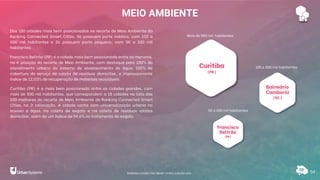 MEIO AMBIENTE
54
Das 100 cidades mais bem posicionadas no recorte de Meio Ambiente do
Ranking Connected Smart Cities, 56 possuem porte médico, com 100 a
500 mil habitantes e 26 possuem porte pequeno, com 50 a 100 mil
habitantes.
Francisco Beltrão (PR) é a cidade mais bem posicionada entre as menores,
na 4ª posição do recorte de Meio Ambiente, com destaque para 100% do
atendimento urbano do sistema de abastecimento de água, 100% de
cobertura do serviço de coleta de resíduos domiciliar, e impressionante
índice de 12,03% de recuperação de materiais recicláveis.
Curitiba (PR) é a mais bem posicionada entre as cidades grandes, com
mais de 500 mil habitantes, que correspondem a 18 cidades na lista das
100 melhores do recorte de Meio Ambiente do Ranking Connected Smart
Cities, na 3ª colocação. A cidade conta com universalização urbana no
acesso a água, na coleta de esgoto e na coleta de resíduos sólidos
domiciliar, além de um índice de 94,6% no tratamento de esgoto.
Curitiba
(PR)
Balneário
Camboriú
(SC)
Francisco
Beltrão
(PR)
Mais de 500 mil habitantes
100 a 500 mil habitantes
50 a 100 mil habitantes
RANKING CONNECTED SMART CITIES | EDIÇÃO 2021
 