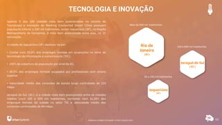 TECNOLOGIA E INOVAÇÃO
62
Apenas 5 das 100 cidades mais bem posicionadas no recorte de
Tecnologia e Inovação do Ranking Connected Smart Cities possuem
população inferior a 100 mil habitantes, sendo Jaguariúna (SP), na Região
Metropolitana de Campinas, a mais bem posicionada entre elas, na 21ª
colocação.
A cidade de Jaguariúna (SP) destaca-se por:
• Contar com 25,8% dos empregos formais em ocupações no setor de
tecnologia da informação e comunicação (TIC).
• 100% de cobertura da população por sinal de 4G.
• 30,5% dos empregos formais ocupados por profissionais com ensino
superior.
• Velocidade média das conexões de banda larga contratada de 123
mbps.
Jaraguá do Sul (SC), é a cidade mais bem posicionada entre as cidades
médias (com 100 a 500 mil habitantes, contando com 16,28% dos
empregos formais da cidade no setor TIC e velocidade média das
conexões contratadas de 84 mbps.
Rio de
Janeiro
(RJ)
Jaraguá do Sul
(SC)
Jaguariúna
(SP)
Mais de 500 mil habitantes
100 a 500 mil habitantes
50 a 100 mil habitantes
RANKING CONNECTED SMART CITIES | EDIÇÃO 2021
 