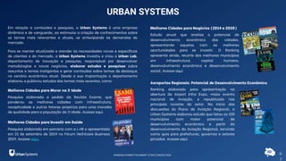 0
7
Em relação a conteúdos e pesquisa, a Urban Systems é uma empresa
dinâmica e de vanguarda, ao estimular a criação de conhecimentos sobre
os temas mais relevantes e atuais, se antecipando às demandas do
mercado.
Para se manter atualizada e atender às necessidades novas e específicas
de clientes e do mercado, a Urban Systems investiu e criou o Urban Lab,
departamento de inovação e pesquisa, responsável por desenvolver
metodologias e novos negócios, elaborar estudos e pesquisas sobre
assuntos e temas instigantes e gerar conteúdos sobre temas de destaque
no cenário econômico atual. Desde a sua implantação o departamento
elaborou e publicou estudos dos temas mais recentes, como:
Melhores Cidades para Morar na 3ª Idade
URBAN SYSTEMS
Melhores Cidades para Negócios (2014 a 2020)
Estudo anual que analisa o potencial de
desenvolvimento econômico das cidades,
apresentando aquelas com as melhores
oportunidades para se investir. O Ranking
apresenta ainda, recorte dos melhores municípios
em infraestrutura, capital humano,
desenvolvimento econômico e desenvolvimento
social. Acesse aqui
Pesquisa elaborada a pedido da Revista Exame, que
ponderou as melhores cidades com infraestrutura,
receptividade e outros fatores propícios para uma moradia
de qualidade para a população da 3ª idade. Acesse aqui.
Melhores Cidades para Investir em Saúde
Aeroportos Regionais: Potencial de Desenvolvimento Econômico
Ranking elaborado para apresentação na
abertura da Airport Infra Expo, maior evento
nacional de Aviação, e republicado nas
principais revistas do setor. No início das
discussões do Plano de Aviação Regional, a
Urban Systems elaborou estudo que listou os 100
municípios com maior potencial de
desenvolvimento econômico a partir do
desenvolvimento da Aviação Regional, servindo
como guia para prefeituras, governos e setores
privados. Acesse aqui.
Pesquisa elaborada em parceria com a L+M e apresentada
em 21 de setembro de 2019 no Fórum Helhtcare Business
2019. Acesse aqui.
RANKING CONNECTED SMART CITIES | EDIÇÃO 2021
 