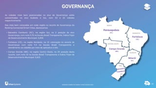 97
GOVERNANÇA
As cidades mais bem posicionadas no eixo de Governança estão
concentradas no eixo Sudeste e Sul, com 53 e 22 cidades
respectivamente.
Das mais bem colocadas em cada região no recorte de Governança do
Ranking Connected Smart Cities, destacamos:
• Balneário Camboriú (SC), na região Sul, na 2ª posição do eixo
Governança, com nota 9,75 na Escala Brasil Transparente, Índice Firjan
de Desenvolvimento Municipal: 0,858.
• Fortaleza (CE), na região Nordeste, na 15ª colocação no recorte de
Governança com nota 9,9 na Escala Brasil Transparente e
atendimento ao cidadão por meio de aplicativo e site.
• Campo Grande (MS), na região Centro-Oeste, na 25ª posição deste
recorte, com nota 10 na Escala Brasil Transparente e Índice Firjan de
Desenvolvimento Municipal: 0,815.
Parauapebas
(PA)
Fortaleza
(CE)
Campo Grande
(MS)
Niterói
(RJ)
RANKING CONNECTED SMART CITIES | EDIÇÃO 2021
 
