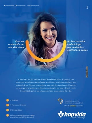 O Hapvida é um dos maiores sistema de saúde do Brasil. E alcançou isso
oferecendo atendimento de qualidade, acolhimento e soluções completas para
os beneﬁciários. Além de uma moderna rede exclusiva que atua em 12 estados
do país, garante também atendimento odontológico em todo o Brasil. É mais
tranquilidade para o seu colaborador fazer o que ama no dia a dia.
Para seu
colaborador ter
uma vida plena,
faz bem ter saúde
e odontologia
com qualidade e
eficiência em custos.
19 Prontos atendimentos
82 Clínicas médicas
27 Hospitais
88 Centros de diagnóstico por imagem
e coleta laboratorial (Vida & Imagem)
Mais de 4 milhões de clientes.
Odontologia com rede
credenciada em todo o Brasil.
www.hapvida.com.br/hapvidasaude /hapvida.saude
 