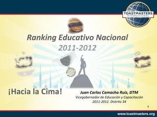 ¡Hacia la Cima! Ranking Educativo Nacional 2011-2012 Juan Carlos Camacho Ruiz, DTM Vicegobernador de Educación y Capacitación 2011-2012. Distrito 34 