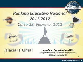 Ranking Educativo Nacional
            2011-2012
      Corte 29. Febrero. 2012




¡Hacia la Cima!      Juan Carlos Camacho Ruiz, DTM
                  Vicegobernador de Educación y Capacitación
                            2011-2012. Distrito 34
                                                               1
 