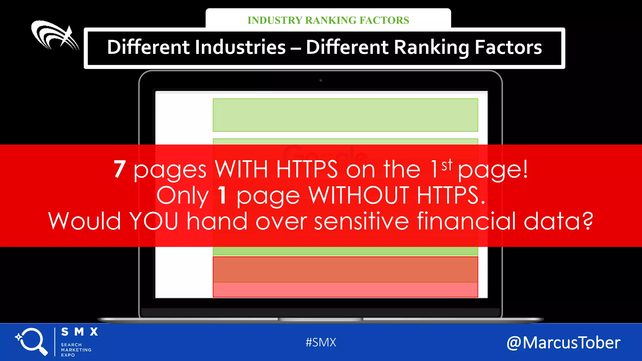 #SMX #11A @MarcusTober
http://www.google.com/
tax calculator
7 pages WITH HTTPS on the 1st page!
Only 1 page WITHOUT HTTPS.
Would YOU hand over sensitive financial data?
#SMX @MarcusTober
Different Industries – Different Ranking Factors
INDUSTRY RANKING FACTORS
 