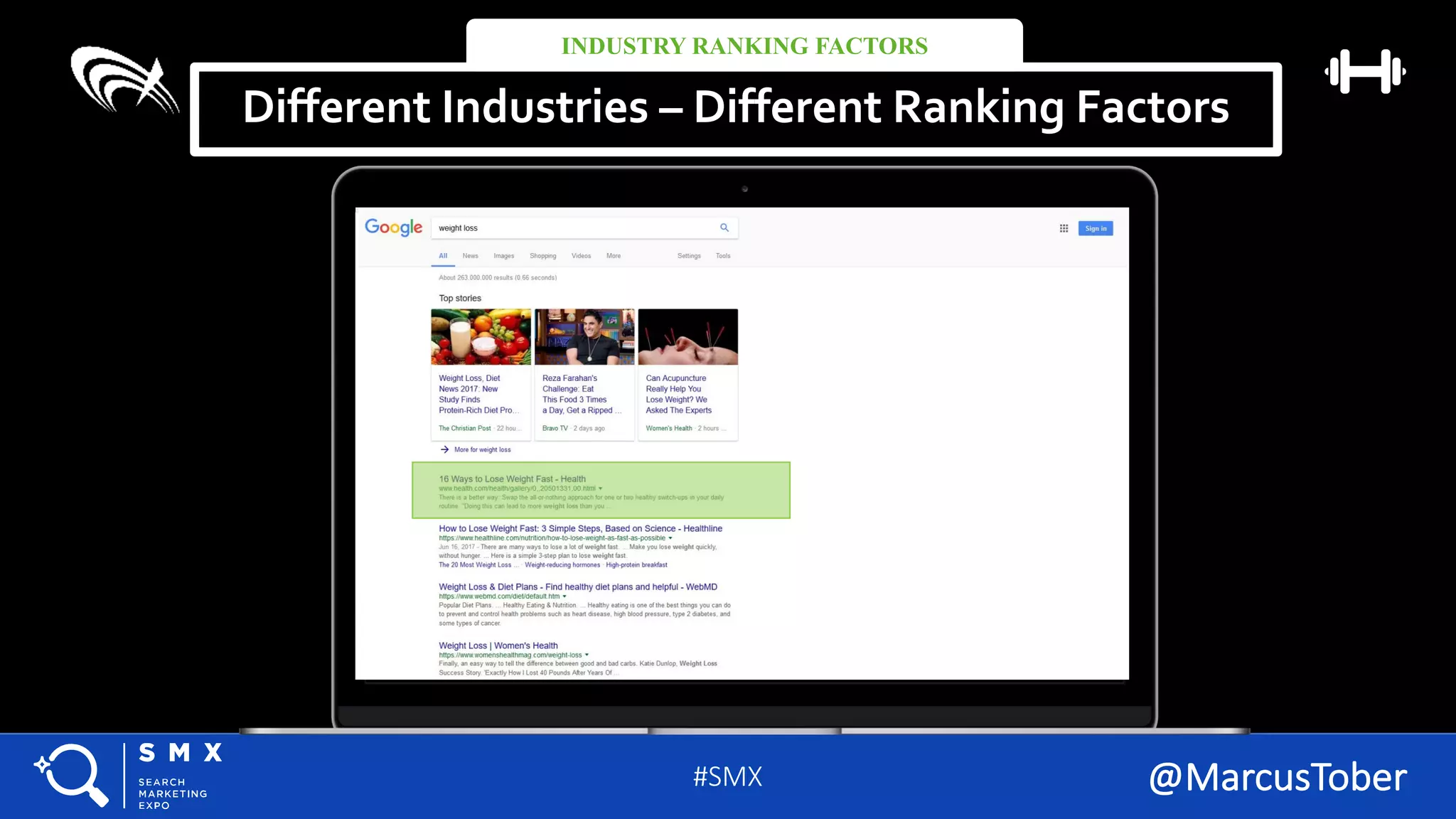 #SMX #11A @MarcusTober#SMX
http://www.google.com/
weight loss
#SMX @MarcusTober
Different Industries – Different Ranking Factors
INDUSTRY RANKING FACTORS
 
