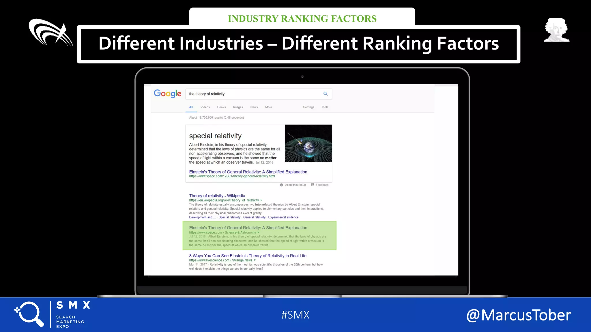 #SMX #11A @MarcusTober#SMX
http://www.google.com/
the theory of relativity
#SMX @MarcusTober
Different Industries – Different Ranking Factors
INDUSTRY RANKING FACTORS
 