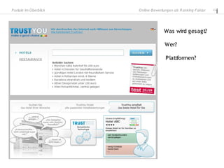 P ortale im Überblick   O nline-B ewertungen als R anking-Faktor




                                       Was wird gesagt?

                                       Wer?

                                       P lattformen?
 