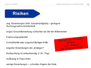 C hancen & R is iken                               O nline-B ewertungen als R anking-Faktor




  neg. B ewertungen (höh. G laubwürdigkeit) = geringere
  B uchungswahrscheinlichkeit

  Angst: G esamtbewertung schlechter als die der M itbewerber

  E rpressungspotential
                                                                             oduk t
                                                      M än g el a m P r
  S chmähkritik oder ungerechtfertigte Kritik                  fi n d e n
                                                                              in
                                                           ih r e n W e g
                                                                               k e it !
  negative B ewertungen der „Kollegen“                 d ie Ö f fe n t l i c h

  B eobachtung ist zeitaufwendig (1-2h /Tag)

  Auflistung in Flop-Listen

  wenige B ewertungen = s chnelles Kippen der Note
 