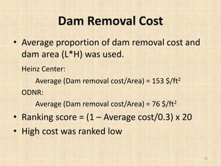Dam Removal Cost
• Average proportion of dam removal cost and
dam area (L*H) was used.
Heinz Center:
Average (Dam removal ...