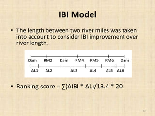 IBI Model
• The length between two river miles was taken
into account to consider IBI improvement over
river length.
• Ran...