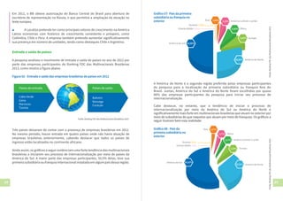 24 25
Em 2012, o BB obteve autorização do Banco Central do Brasil para abertura de
escritório de representação na Rússia, o que permitirá a ampliação da atuação no
leste europeu.
▲	 A Localiza pretende ter como principais vetores de crescimento na América
Latina economias com histórico de crescimento consistente e próspero, como
Colômbia, Chile e Peru. A empresa também pretende aumentar significativamente
sua presença em número de unidades, tendo como destaques Chile e Argentina.
Entrada e saída de países
A pesquisa analisou o movimento de entrada e saída de países no ano de 2012 por
parte das empresas participantes do Ranking FDC das Multinacionais Brasileiras
2013, como mostra a figura abaixo.
Figura 02 - Entrada e saída das empresas brasileiras de países em 2012
Cabo Verde
Gana
Marrocos
Tunísia
Países de entrada
Bahrein
Noruega
Curaçao
Países de saída
Fonte: Ranking FDC das Multinacionais Brasileiras 2013
Três países deixaram de contar com a presença de empresas brasileiras em 2012.
No mesmo período, houve entrada em quatro países onde não havia atuação de
empresas brasileiras anteriormente, cabendo destacar que todos os países de
ingresso estão localizados no continente africano.
Ainda assim, os gráficos a seguir evidenciam uma forte tendência das multinacionais
brasileiras a iniciarem seu processo de internacionalização por meio de países da
América do Sul. A maior parte das empresas participantes, 50,5% delas, teve sua
primeira subsidiária ou franquia internacional instalada em algum país dessa região.
Gráfico 07- País da primeira
subsidiária ou franquia no
exterior
50,00%
0,00%
0,00%
América do Sul
América Central e Caribe
África
1,61% 3,23%
6,45%
8,06%
30,65%
Oriente Médio
Oceania
Ásia
Europa
América do Norte
Fonte:RankingFDCdasMultinacionaisBrasileiras2013
A América do Norte é a segunda região preferida pelas empresas participantes
da pesquisa para a localização da primeira subsidiária ou franquia fora do
Brasil. Juntas, América do Sul e América do Norte foram escolhidas por quase
80% das empresas participantes da pesquisa para iniciar seu processo de
internacionalização.
Cabe destacar, no entanto, que a tendência de iniciar o processo de
internacionalização por meio da América do Sul ou América do Norte é
significativamente mais forte em multinacionais brasileiras que atuam no exterior por
meio de subsidiárias do que naquelas que atuam por meio de franquias. Os gráficos a
seguir ilustram bem esta realidade:
América Central e Caribe
América do Norte
56,52%América do Sul
0,0%
0,0%
Oriente Médio
Oceania
2,17%Ásia
África2,17%
2,17%
4,35% Europa
32,61%
Gráfico 08 - País da
primeira subsidiária no
exterior	
Fonte:RankingFDCdasMultinacionaisBrasileiras2013
 