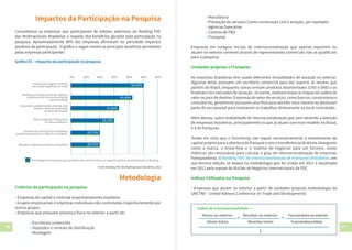 10 11
Impactos da Participação na Pesquisa
Consultamos as empresas que participaram de edições anteriores do Ranking FDC
das Multinacionais Brasileiras a respeito dos benefícios gerados pela participação na
pesquisa. Aproximadamente 80% das empresas afirmaram ter percebido impactos
positivos da participação. O gráfico a seguir mostra os principais benefícios percebidos
pelas empresas participantes:
Gráfico 01 – Impactos da participação na pesquisa
0% 10% 20% 30% 40% 50% 60%
50,94%Ganhos de imagem e valor da
marca pela exposição na mídia
43,40%
Avaliação do desempenho da empresa
no processo de internacionalização
(benchmarking)
33,96%
Geração de conhecimento relevante com
relação à internacionalização
do setor de atuação
30,19%Maior exposição institucional
no meio acadêmico
20,75%Aumento do interesse de investidores
e potenciais parceiros no Brasil e no exterior
20,75%Não gerou impactos positivos perceptíveis
Porcentagem de empresas que apontam esta variável como um impacto positivo da participação no Ranking
Fonte: Ranking FDC das Multinacionais Brasileiras 2013
Metodologia
Critérios de participação na pesquisa
• Empresas de capital e controle majoritariamente brasileiro.
• Grupos empresariais e empresas individuais não controladas majoritariamente por
outros grupos.
• Empresas que possuem presença física no exterior a partir de:
	 • Escritórios comerciais
	 • Depósitos e centrais de distribuição
	 • Montagem
Índice de transnacionalidade =
+
Ativos no exterior
Ativos totais
+
Receitas no exterior
Receitas totais
Funcionáriosnoexterior
Funcionáriostotais
3
	 • Manufatura
	 • Prestação de serviços (como construção civil e aviação, por exemplo)
	 • Agências bancárias
	 • Centros de P&D
	 • Franquias
Empresas em estágios iniciais de internacionalização que apenas exportam ou
atuam no exterior somente através de representantes comerciais não se qualificam
para a pesquisa.
Unidades próprias x Franquias
As empresas brasileiras têm usado diferentes modalidades de atuação no exterior.
Algumas delas possuem um escritório comercial para dar suporte às vendas que
partem do Brasil, enquanto outras enviam produtos desmontados (CKD e SKD) e os
finalizam nos mercados de atuação. Já outras, realizam todas as etapas da cadeia de
valor no país de destino. Empresas do setor de serviços, como bancos, construtoras e
consultorias, geralmente possuem uma filial para atender seus clientes ou deslocam
parte de seu pessoal para realizarem os trabalhos diretamente no local contratado.
Além dessas, outra modalidade de internacionalização que vem atraindo a atenção
de empresas brasileiras, principalmente as que já atuam com esse modelo no Brasil,
é a de franquias.
Tendo em vista que o franchising não requer necessariamente o investimento de
capital próprio para a abertura da franquia e sim a transferência de ativos intangíveis
como a marca, o know-how e o sistema de negócios para um terceiro, novas
métricas são necessárias para calcular o grau de internacionalização de empresas
franqueadoras. O Ranking FDC de Internacionalização de Franquias Brasileiras, em
sua terceira edição, se baseia na metodologia que foi criada em 2011 e atualizada
em 2012 pela equipe do Núcleo de Negócios Internacionais da FDC.
Índices Utilizados na Pesquisa
• Empresas que atuam no exterior a partir de unidades próprias (metodologia da
UNCTAD - United Nations Conference on Trade and Development):
 