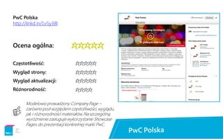 PwC Polska
http://linkd.in/1v5y38l
Ocena ogólna:



****
Częstotliwość:
Wygląd strony:
Wygląd aktualizacji:
Różnorodność:
Modelowo prowadzony CompanyPage –
zarówno pod względem częstotliwości,wyglądu,
jak i różnorodności materiałów.Na szczególną
wyróżnienie zasługuje wykorzystanie Showcase
Pages do prezentacji konkretnej marki PwC.

I
 