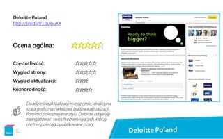 Deloitte Poland
http://linkd.in/1pDbuXX
Ocena ogólna:


***
****
Częstotliwość:
Wygląd strony:
Wygląd aktualizacji:
Różnorodność:
Dwadzieściaaktualizacji miesięcznie,atrakcyjna
szata graficzna i właściwa budowaaktualizacji.
Pomimo poważnej tematyki,Deloitte udaje się
zaangażować swoich obserwujących, którzy
chętnie polecają opublikowane posty.
****
I
 