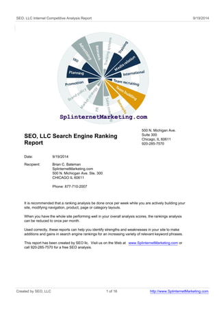 SEO, LLC Internet Competitive Analysis Report 9/19/2014 
SEO, LLC Search Engine Ranking 
Report 
500 N. Michigan Ave. 
Suite 300 
Chicago, IL 60611 
920-285-7570 
Date: 9/19/2014 
Recipient: Brian C. Bateman 
SplinternetMarketing.com 
500 N. Michicgan Ave. Ste. 300 
CHICAGO IL 60611 
Phone: 877-710-2007 
It is recommended that a ranking analysis be done once per week while you are actively building your 
site, modifying navigation, product, page or category layouts. 
When you have the whole site performing well in your overall analysis scores, the rankings analysis 
can be reduced to once per month. 
Used correctly, these reports can help you identify strengths and weaknesses in your site to make 
additions and gains in search engine rankings for an increasing variety of relevant keyword phrases. 
This report has been created by SEO llc. Visit us on the Web at www.SplinternetMarketing.com or 
call 920-285-7570 for a free SEO analysis. 
Created by SEO, LLC 1 of 16 http://www.SplinternetMarketing.com 
 