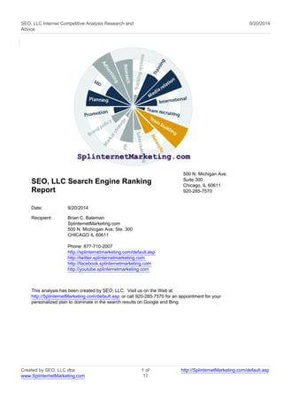 SEO, LLC Internet Competitive Analysis Research and 
Advice 
9/20/2014 
SEO, LLC Search Engine Ranking 
Report 
500 N. Michigan Ave. 
Suite 300 
Chicago, IL 60611 
920-285-7570 
Date: 9/20/2014 
Recipient: Brian C. Bateman 
SplinternetMarketing.com 
500 N. Michicgan Ave. Ste. 300 
CHICAGO IL 60611 
Phone: 877-710-2007 
http://splinternetmarketing.com/default.asp 
http://twitter.splinternetmarketing.com 
http://facebook.splinternetmarketing.com 
http://youtube.splinternetmarketing.com 
This analysis has been created by SEO, LLC. Visit us on the Web at 
http://SplinternetMarketing.com/default.asp or call 920-285-7570 for an appointment for your 
personalized plan to dominate in the search results on Google and Bing. 
Created by SEO, LLC dba 
www.SplinternetMarketing.com 
1 of 
17 
http://SplinternetMarketing.com/default.asp 
 