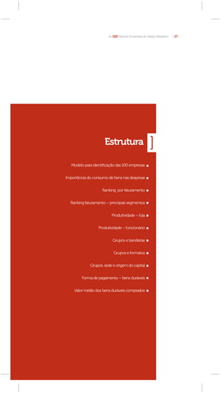 As 100 Maiores Empresas do Varejo Brasileiro   [ 17 ]




                     Estrutura

   Modelo para identiﬁcação das 100 empresas


Importância do consumo de bens nas despesas


                    Ranking por faturamento


  Ranking faturamento – principais segmentos


                         Produtividade – loja


                  Produtividade – funcionário


                          Grupos e bandeiras


                          Grupos e formatos


             Grupos, sede e origem do capital


        Forma de pagamento – bens duráveis


    Valor médio dos bens duráveis comprados
 