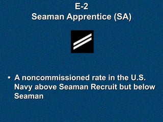 E-2
     Seaman Apprentice (SA)




• A noncommissioned rate in the U.S.
  Navy above Seaman Recruit but below
  Seaman
 