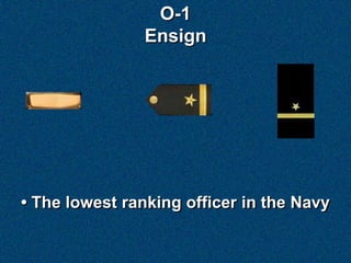 O-1
                Ensign




• The lowest ranking officer in the Navy
 