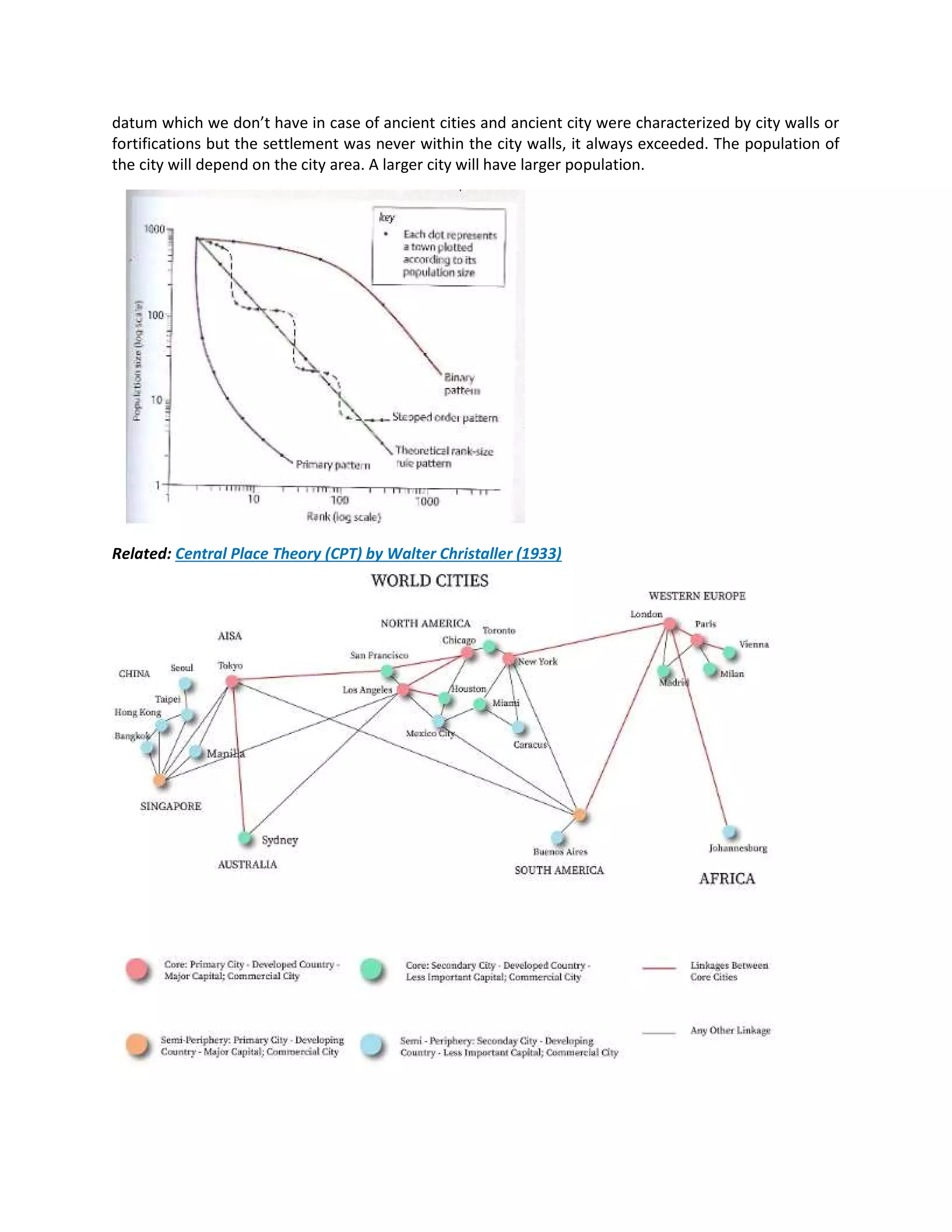 datum which we don’t have in case of ancient cities and ancient city were characterized by city walls or
fortifications but the settlement was never within the city walls, it always exceeded. The population of
the city will depend on the city area. A larger city will have larger population.
Related: Central Place Theory (CPT) by Walter Christaller (1933)
 