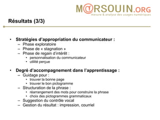 Résultats (3/3) Stratégies d’appropriation du communicateur : Phase exploratoire Phase de « stagnation » Phase de regain d’intérêt : personnalisation du communicateur utilité perçue Degré d’accompagnement dans l’apprentissage : Guidage pour :  trouver la bonne page trouver le bon pictogramme Structuration de la phrase :  réarrangement des mots pour construire la phrase choix des pictogrammes grammaticaux Suggestion du contrôle vocal Gestion du résultat : impression, courriel 