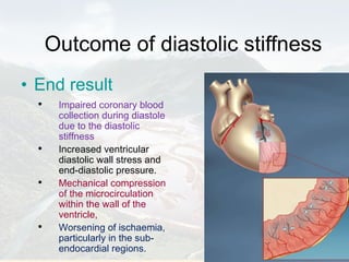 Outcome of diastolic stiffness End result Impaired coronary blood collection during diastole due to the diastolic stiffness Increased ventricular diastolic wall stress and end-diastolic pressure. Mechanical compression of the microcirculation within the wall of the ventricle,   Worsening of ischaemia, particularly in the sub-endocardial regions.  